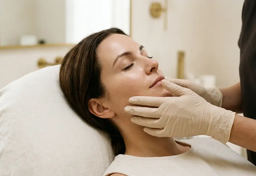 Especialista avaliando o contorno facial de uma paciente em clínica de estética em Imperatriz