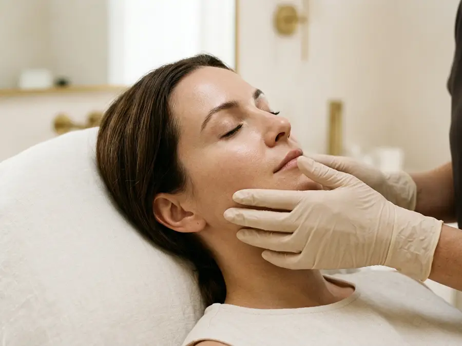 Especialista avaliando o contorno facial de uma paciente em clínica de estética em Imperatriz